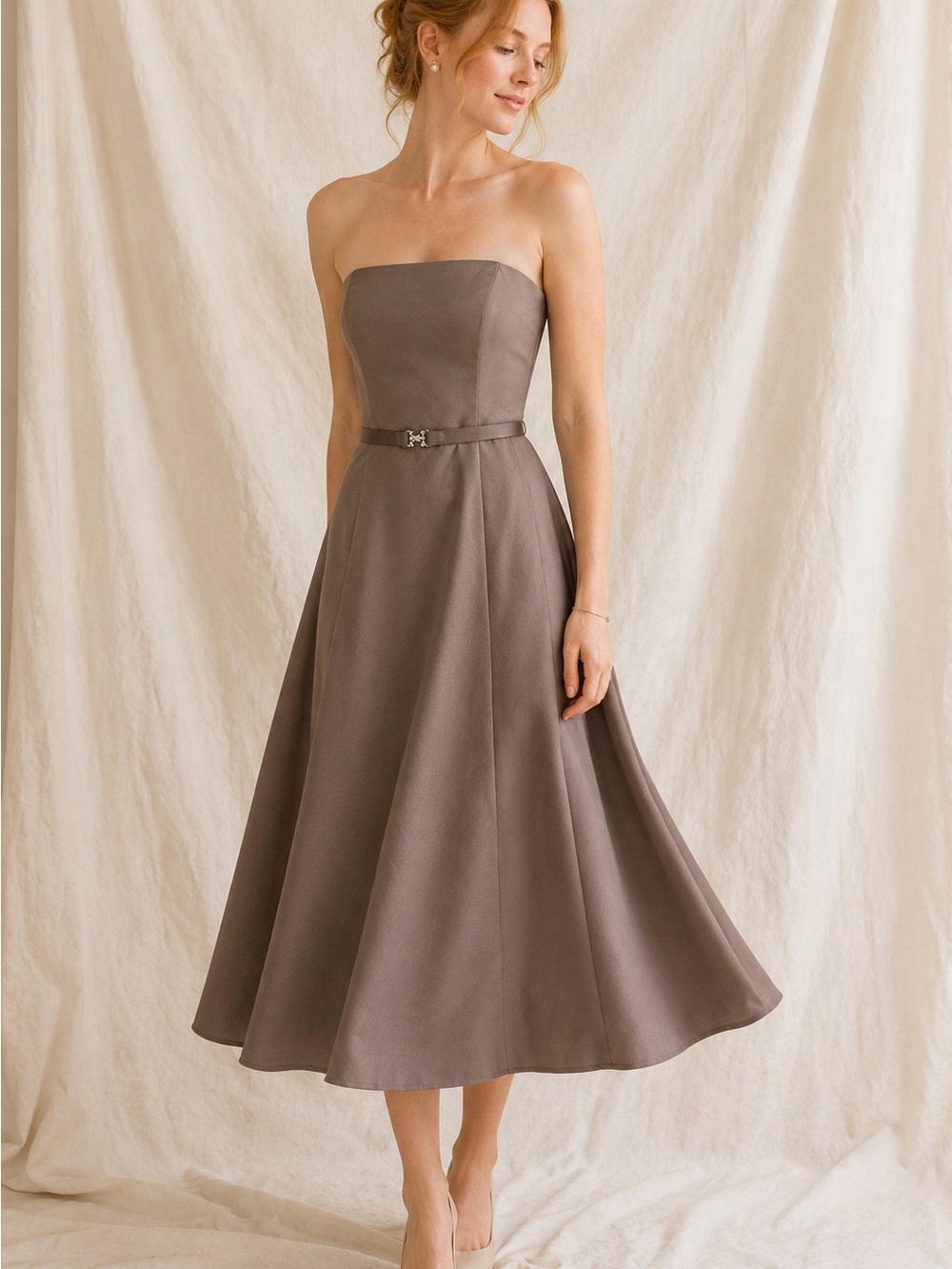 Vintage Michaelangelo Satin Dress 4 Taupe Brown Midi Formal Belt Wedding Prom